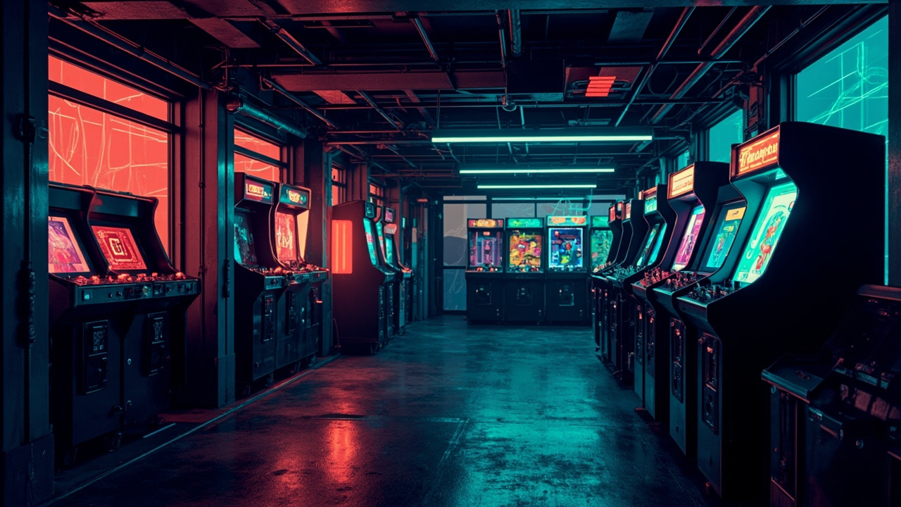 Illustration of a neon-lit retro arcade interior