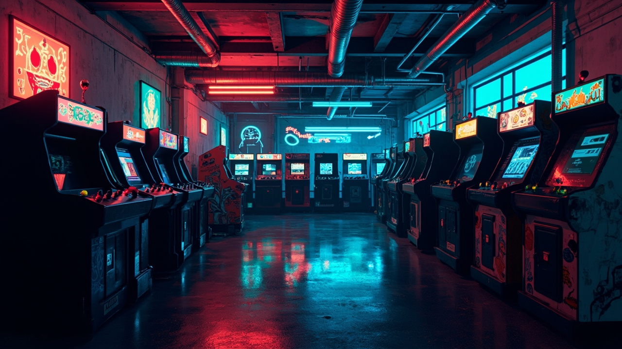 Illustration of a neon-lit retro arcade interior