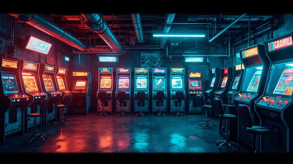Illustration of a neon-lit retro arcade interior
