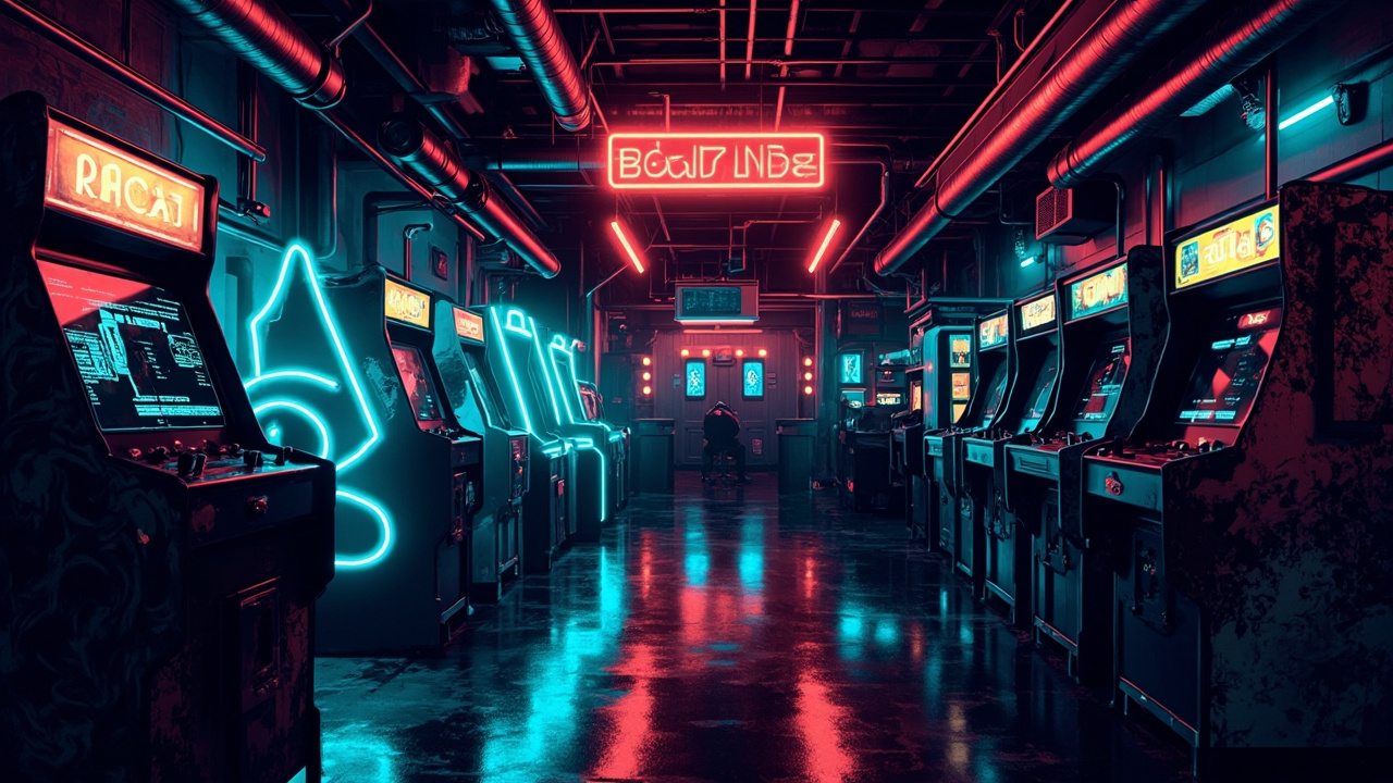 Illustration of a neon-lit retro arcade interior
