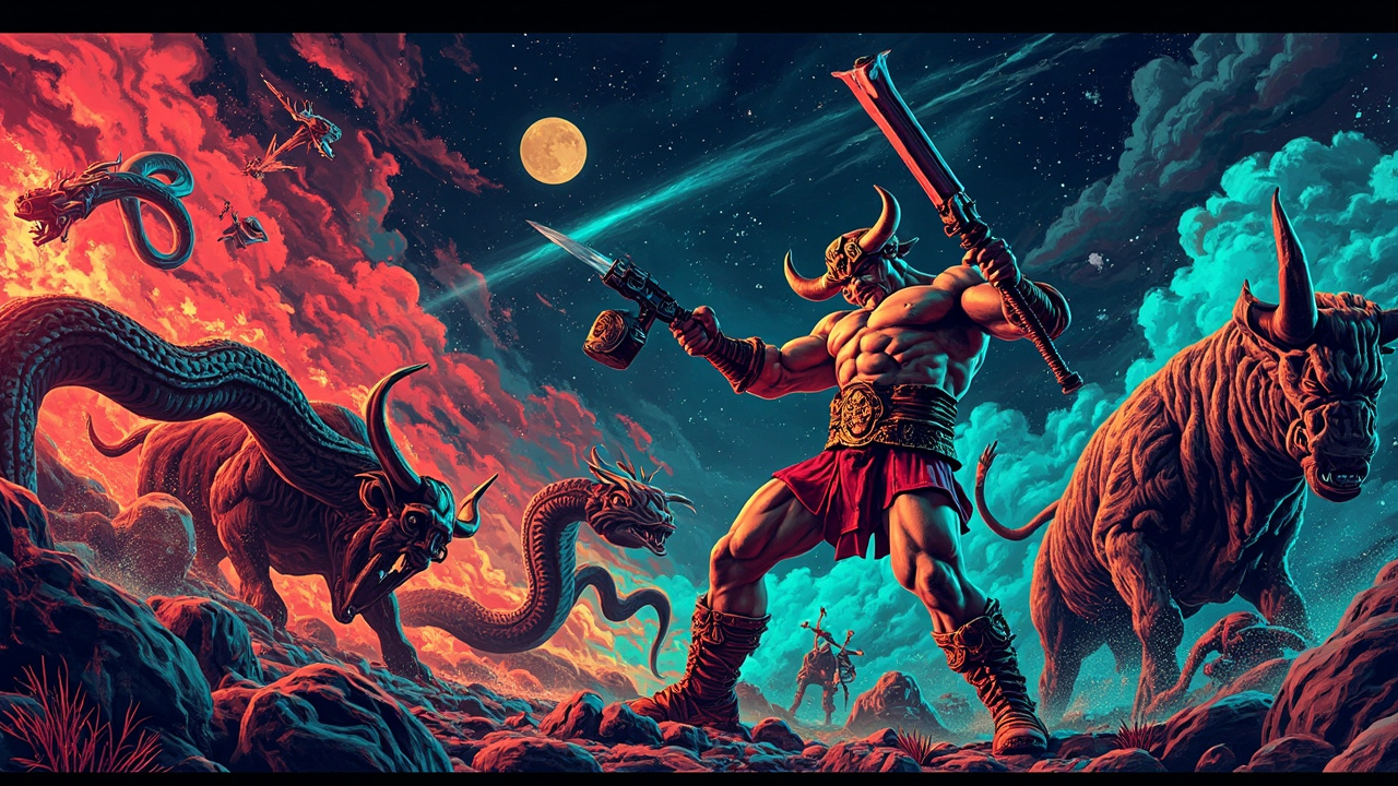 Illustration: A vibrantly painted arcade cabinet side panel depicting muscular anthropomorphic toad warriors battling a horde of monstrous creatures including a giant snake, a bull, and a demonic horned villain.
