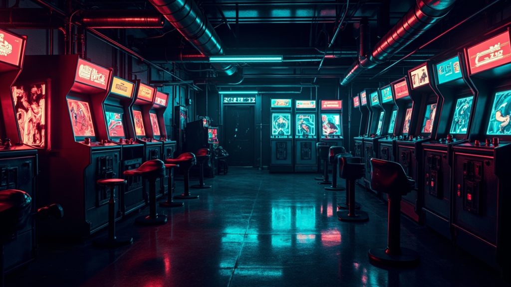 Illustration of a neon-lit retro arcade interior