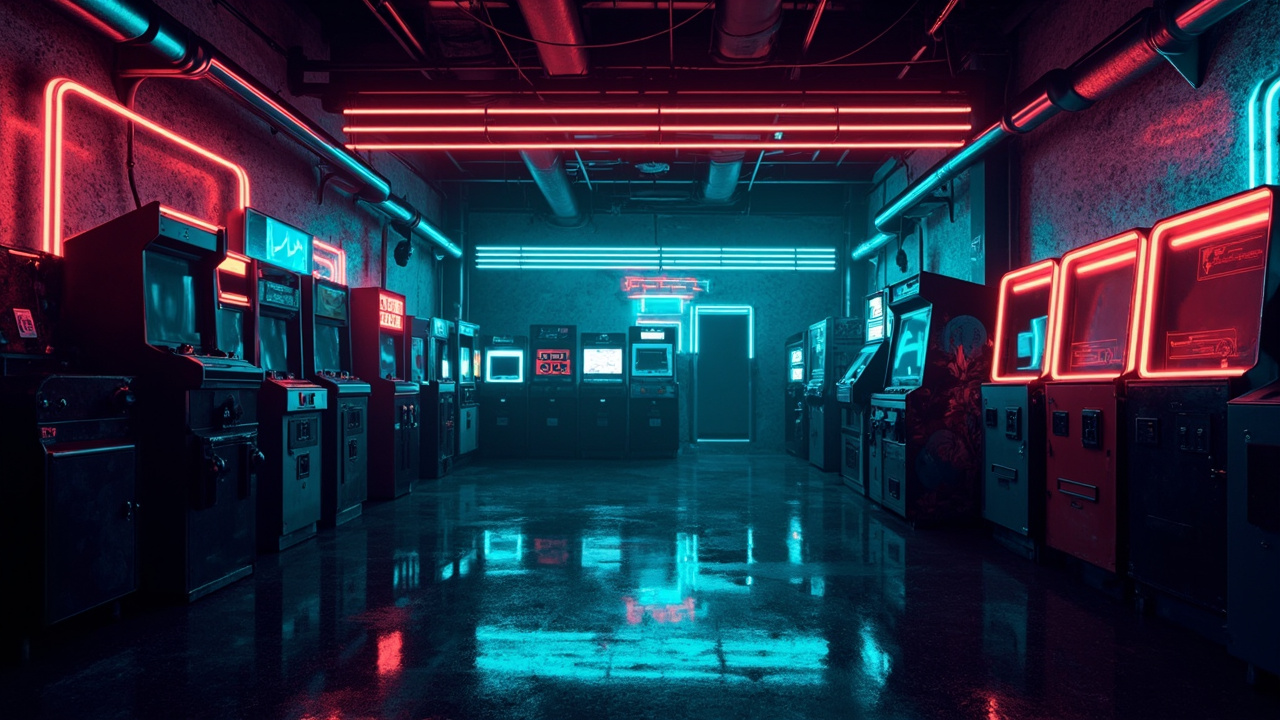 Illustration of a neon-lit retro arcade interior