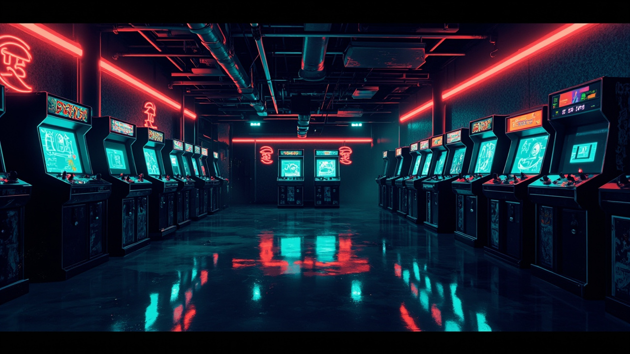Illustration of a neon-lit retro arcade interior