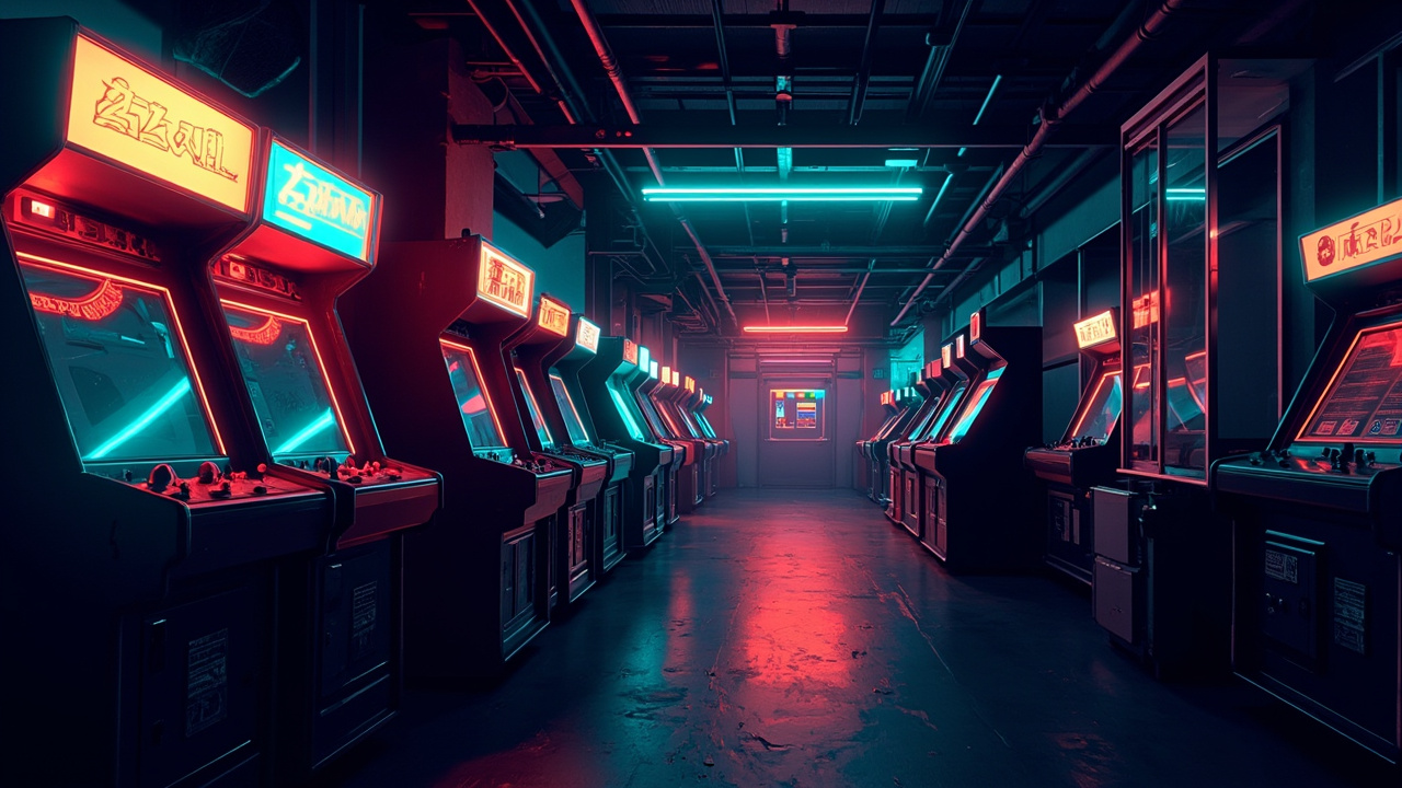 Illustration of a neon-lit retro arcade interior