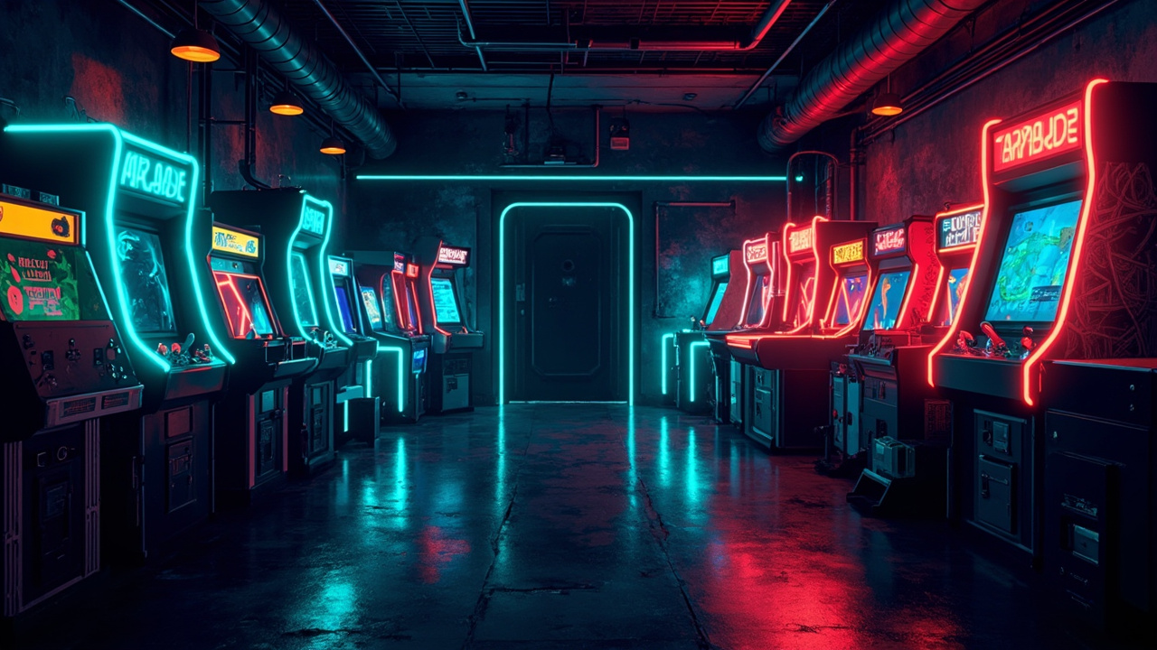 Illustration of a neon-lit retro arcade interior