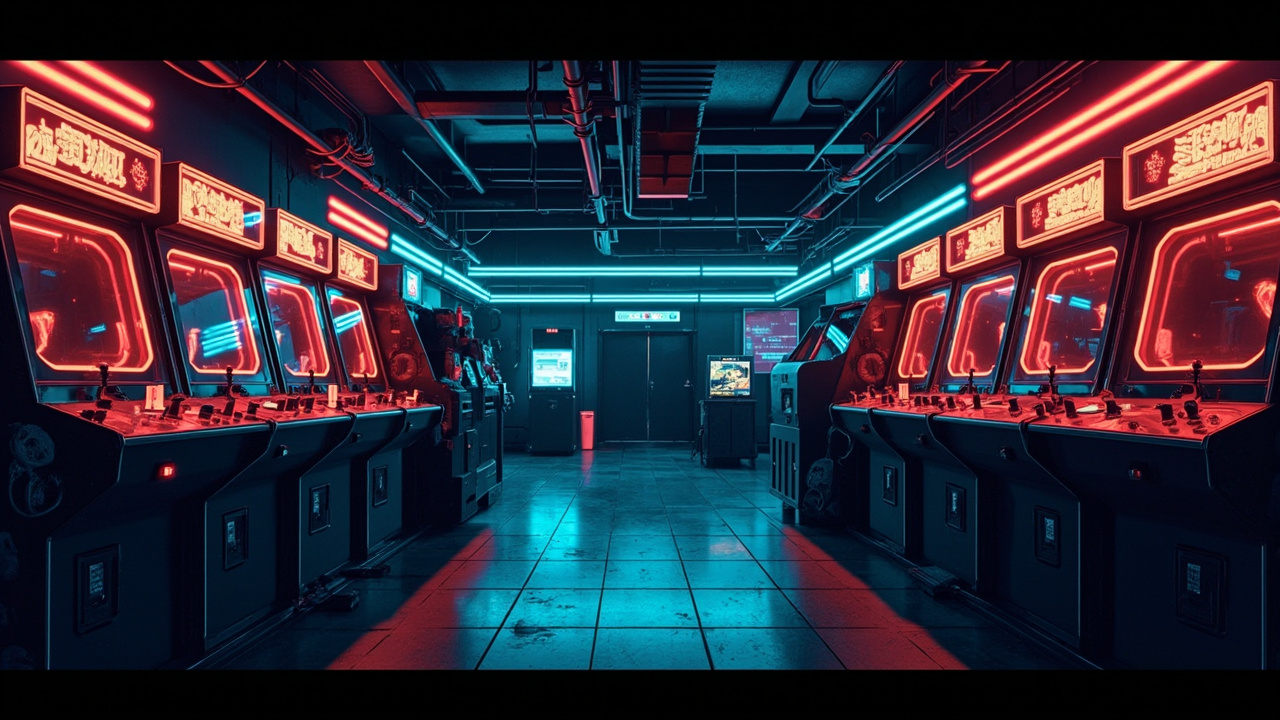 Illustration of a neon-lit retro arcade interior