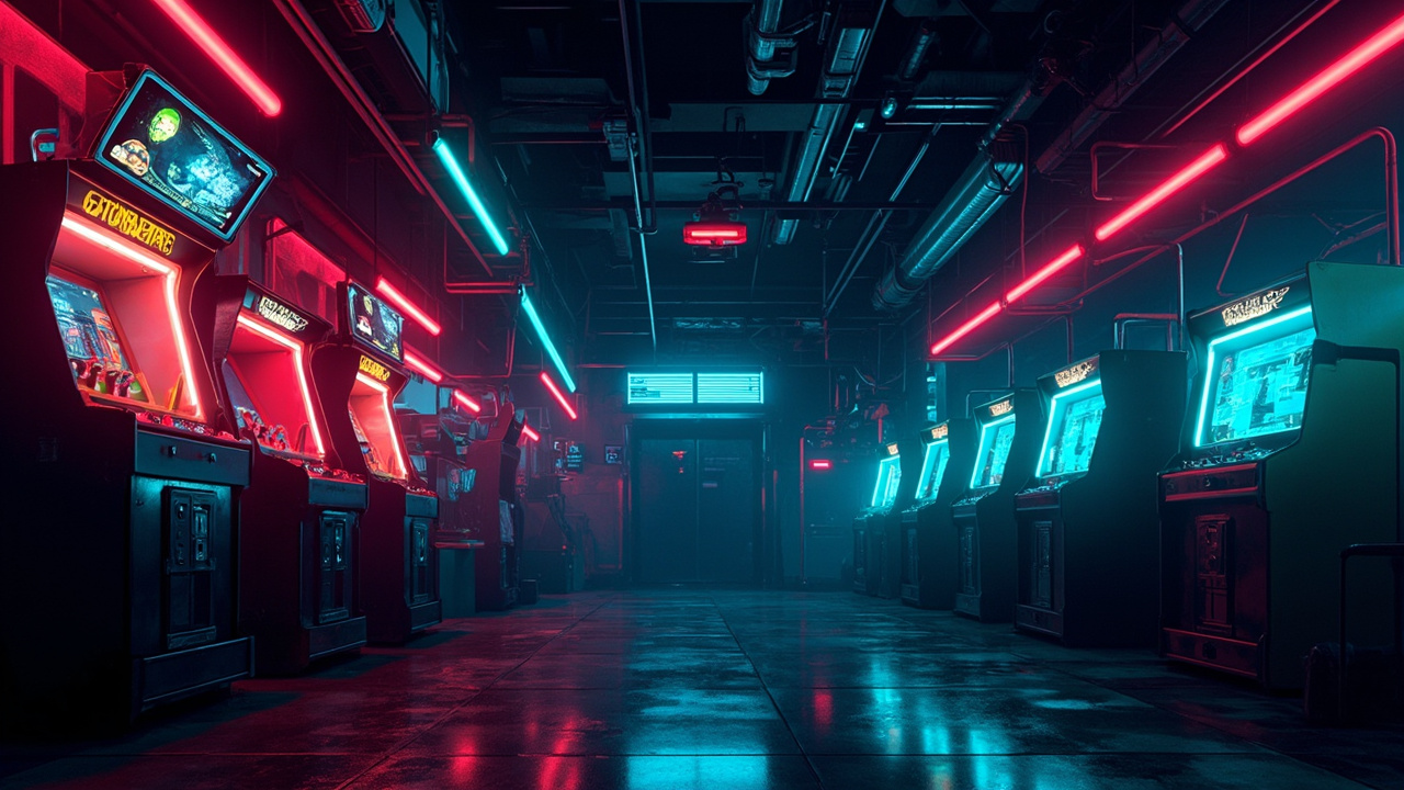 Illustration of a neon-lit retro arcade interior