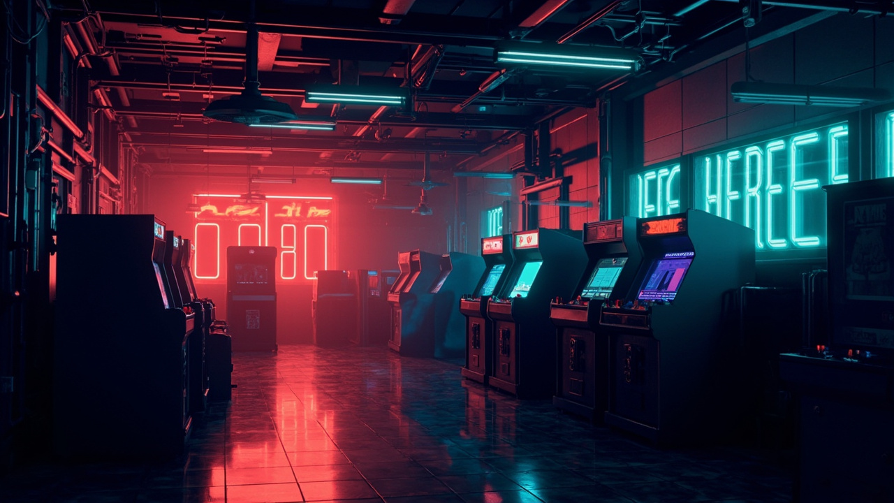 Illustration of a neon-lit retro arcade interior