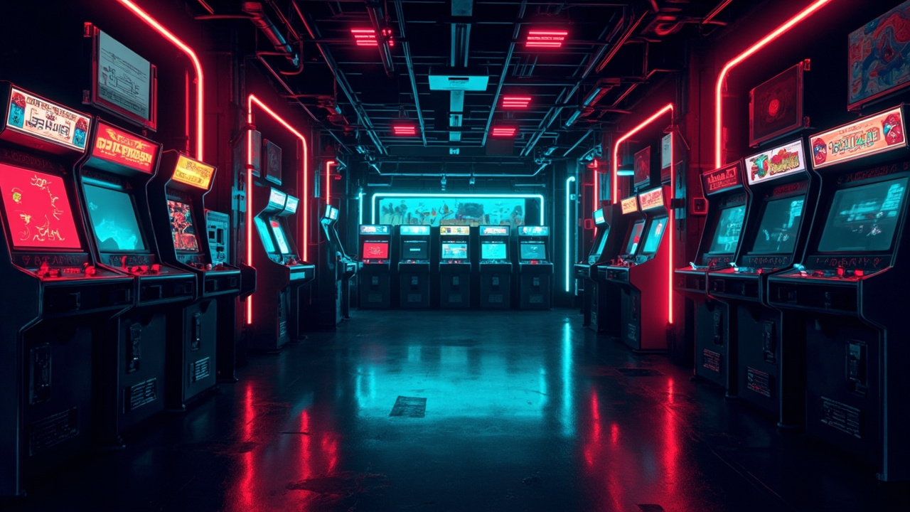 Illustration of a neon-lit retro arcade interior