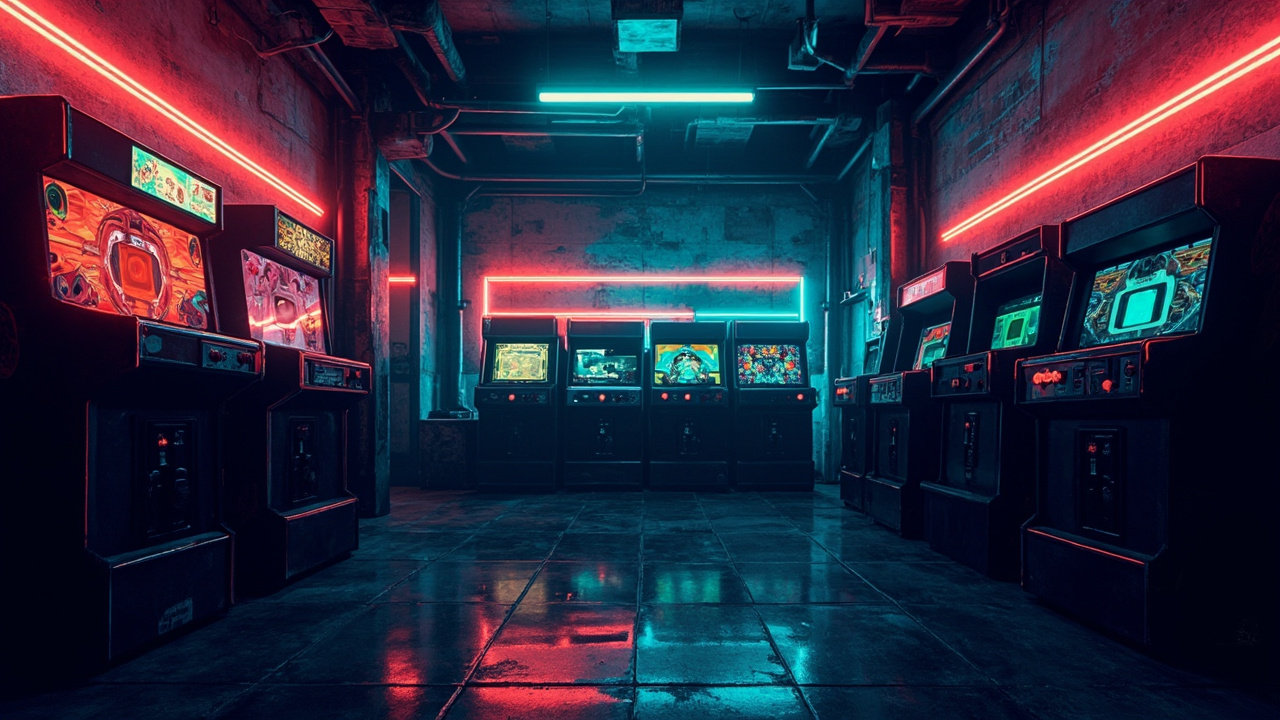 Illustration of a neon-lit retro arcade interior
