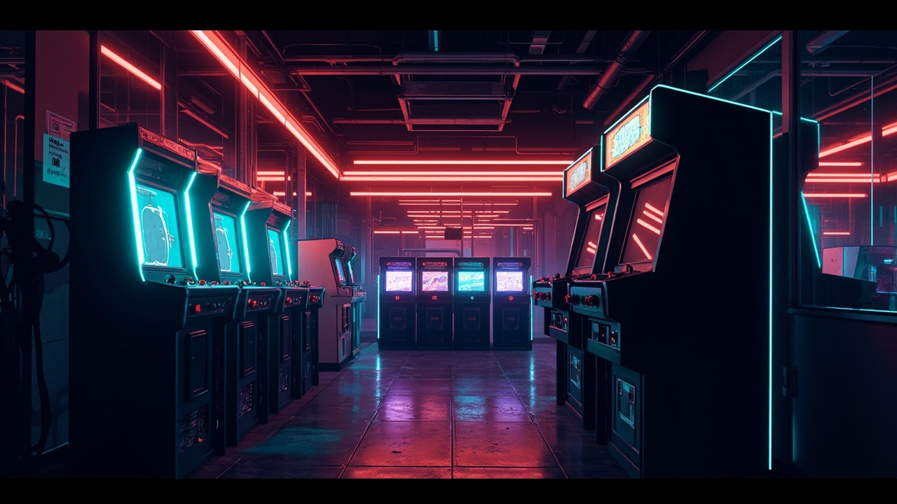 Illustration of a neon-lit retro arcade interior