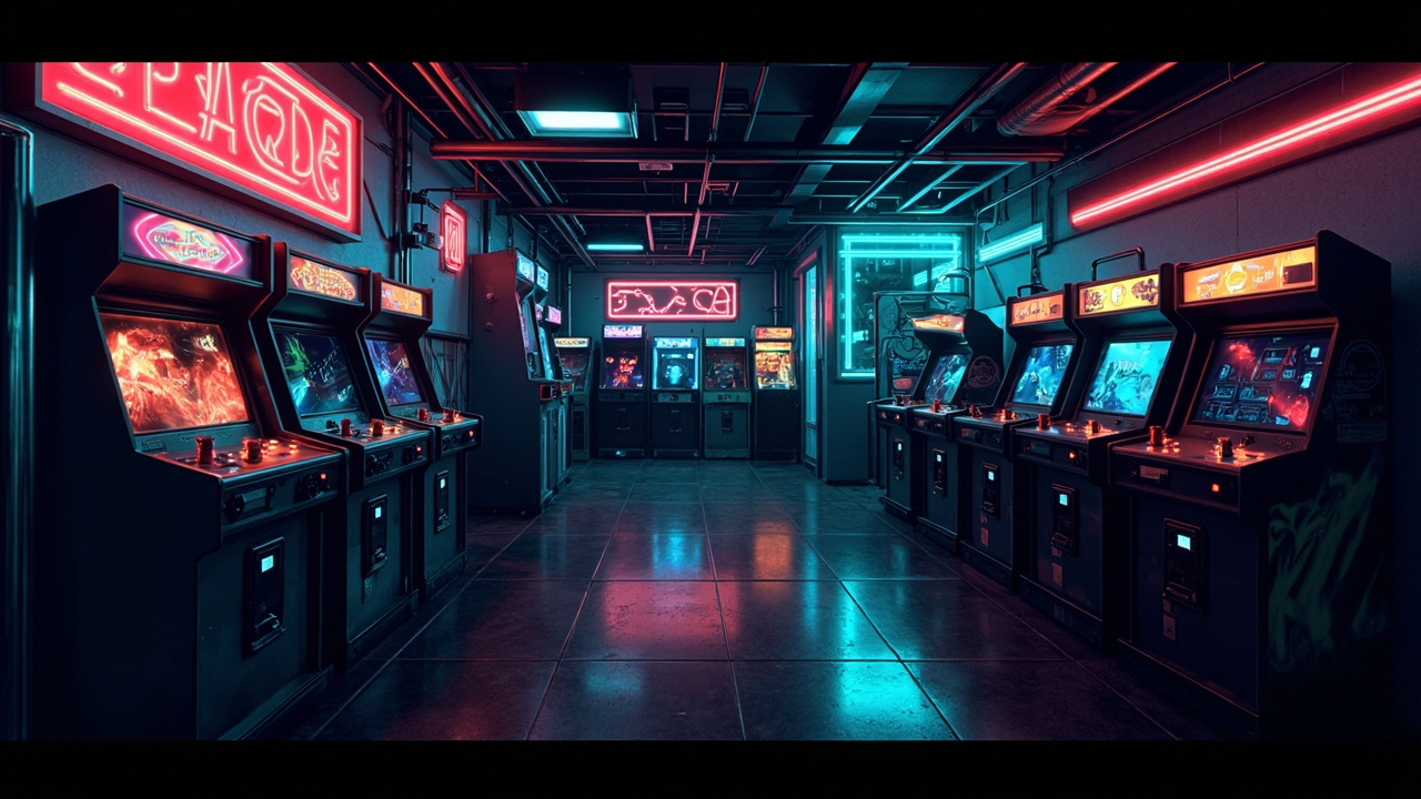 Illustration of a neon-lit retro arcade interior