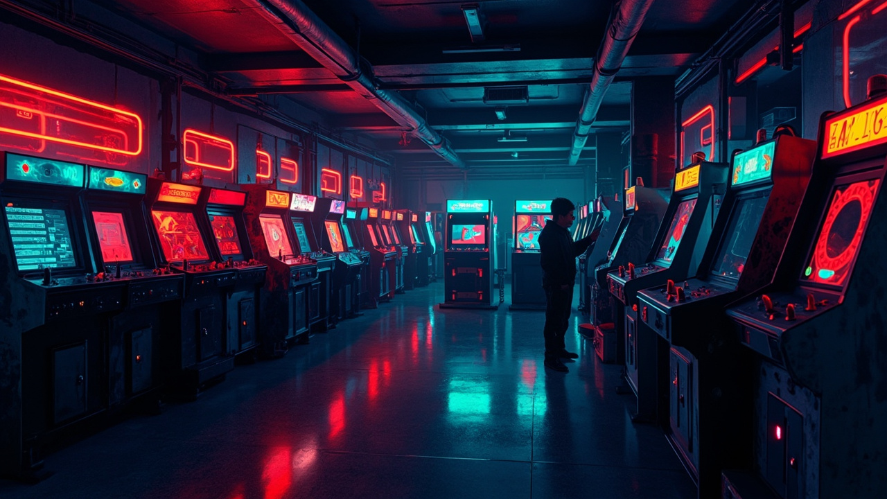 Illustration of a neon-lit retro arcade interior