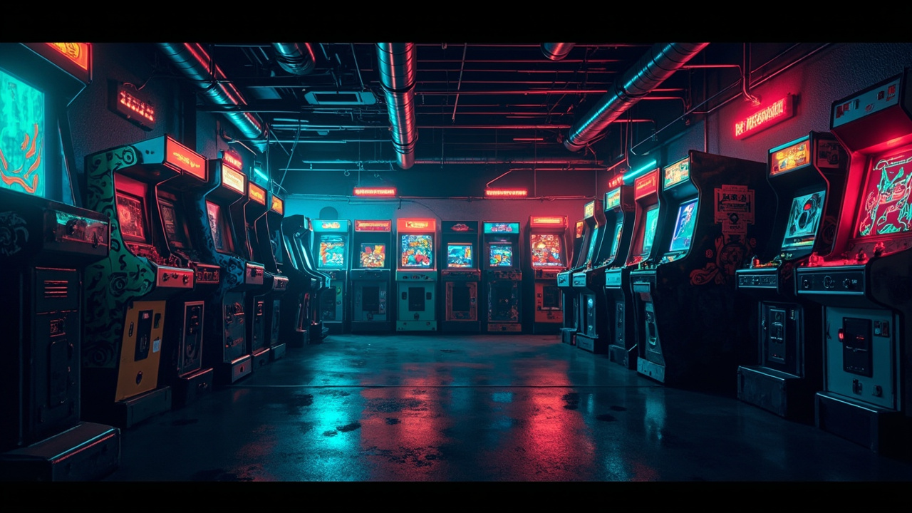 Illustration of a neon-lit retro arcade interior