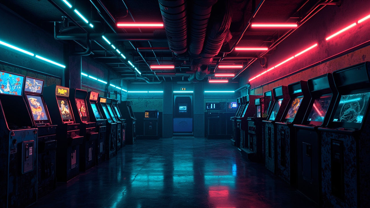 Illustration of a neon-lit retro arcade interior