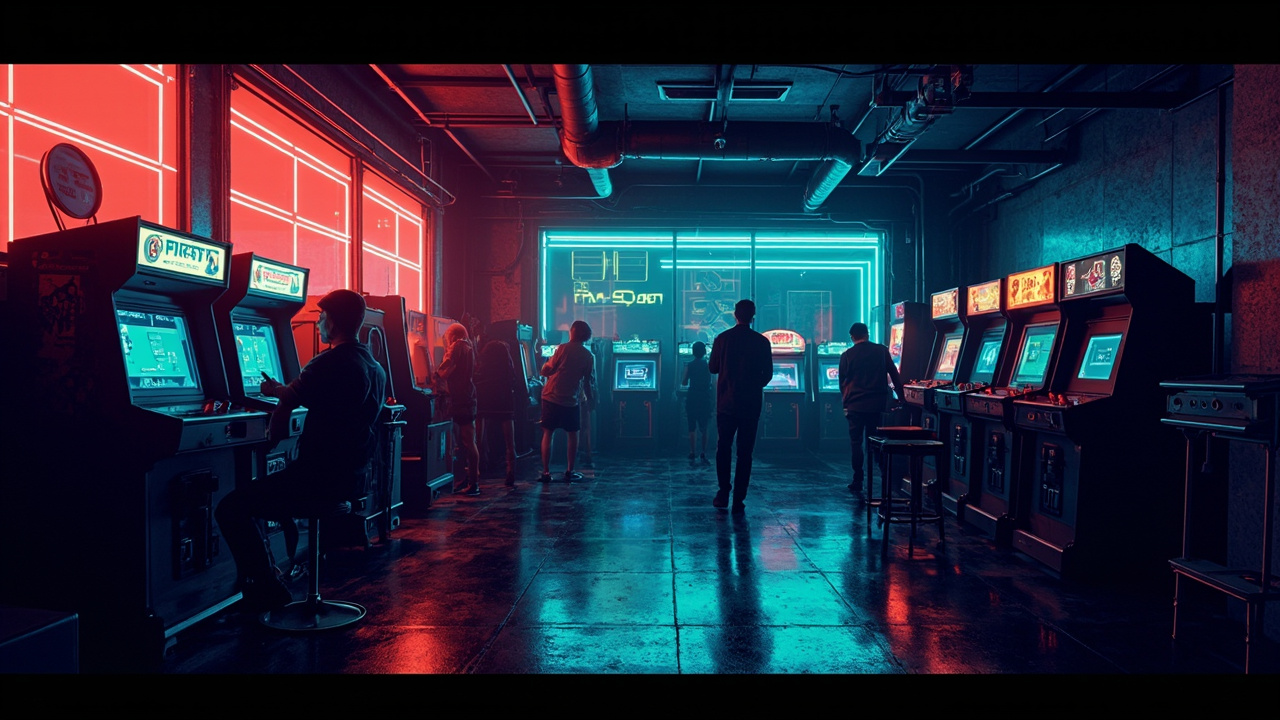 Illustration of a neon-lit retro arcade interior