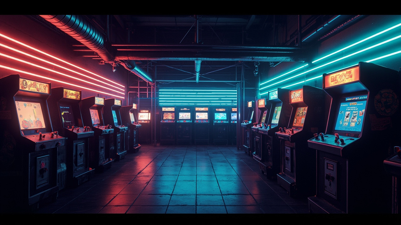 Illustration of a neon-lit retro arcade interior