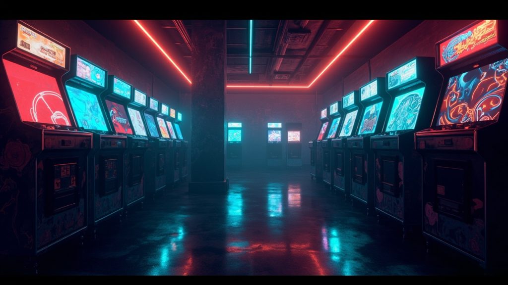 Illustration of a neon-lit retro arcade interior