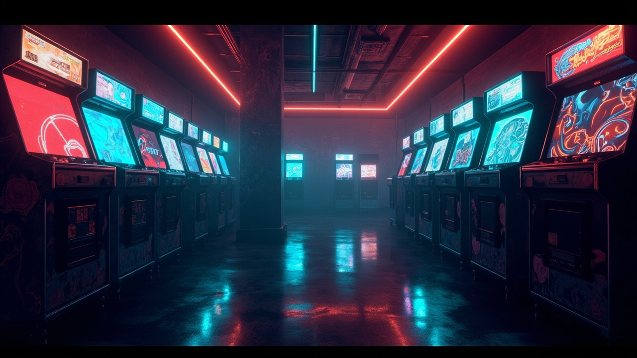 Illustration of a neon-lit retro arcade interior