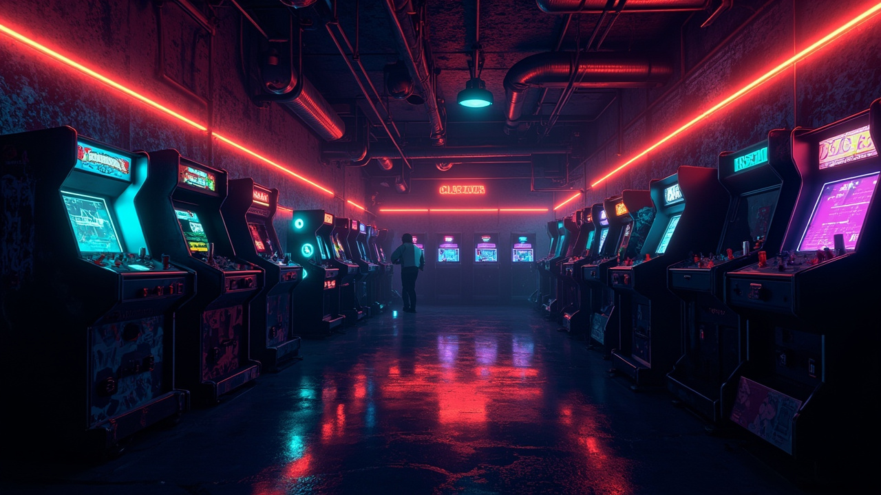 Illustration of a neon-lit retro arcade interior