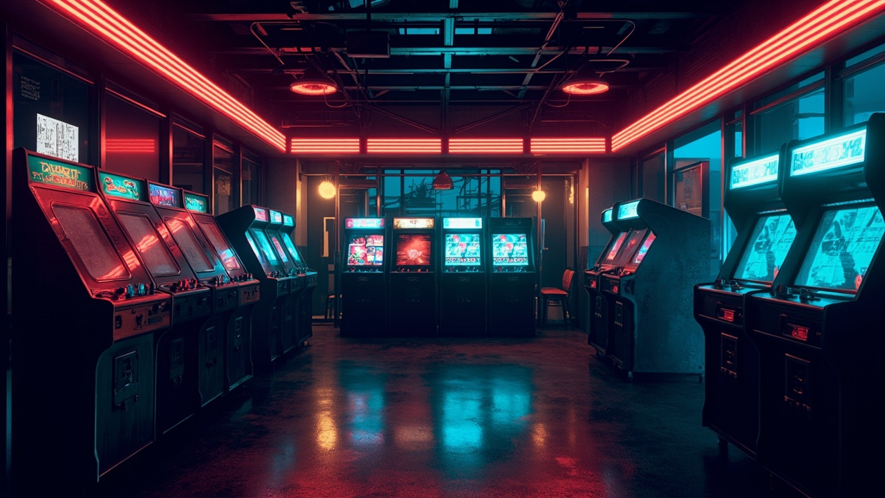 Illustration of a neon-lit retro arcade interior