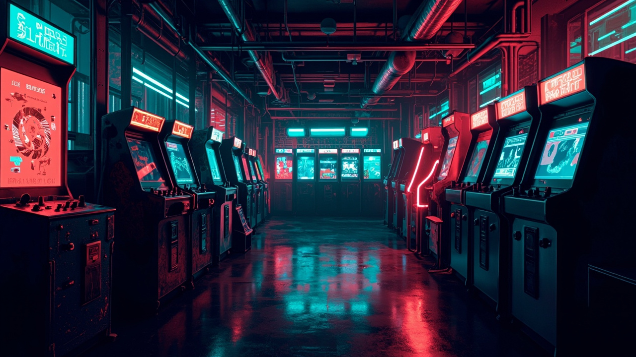 Illustration of a neon-lit retro arcade interior