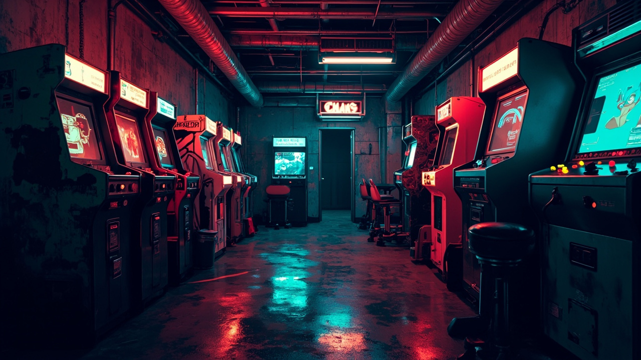 Illustration of a neon-lit retro arcade interior