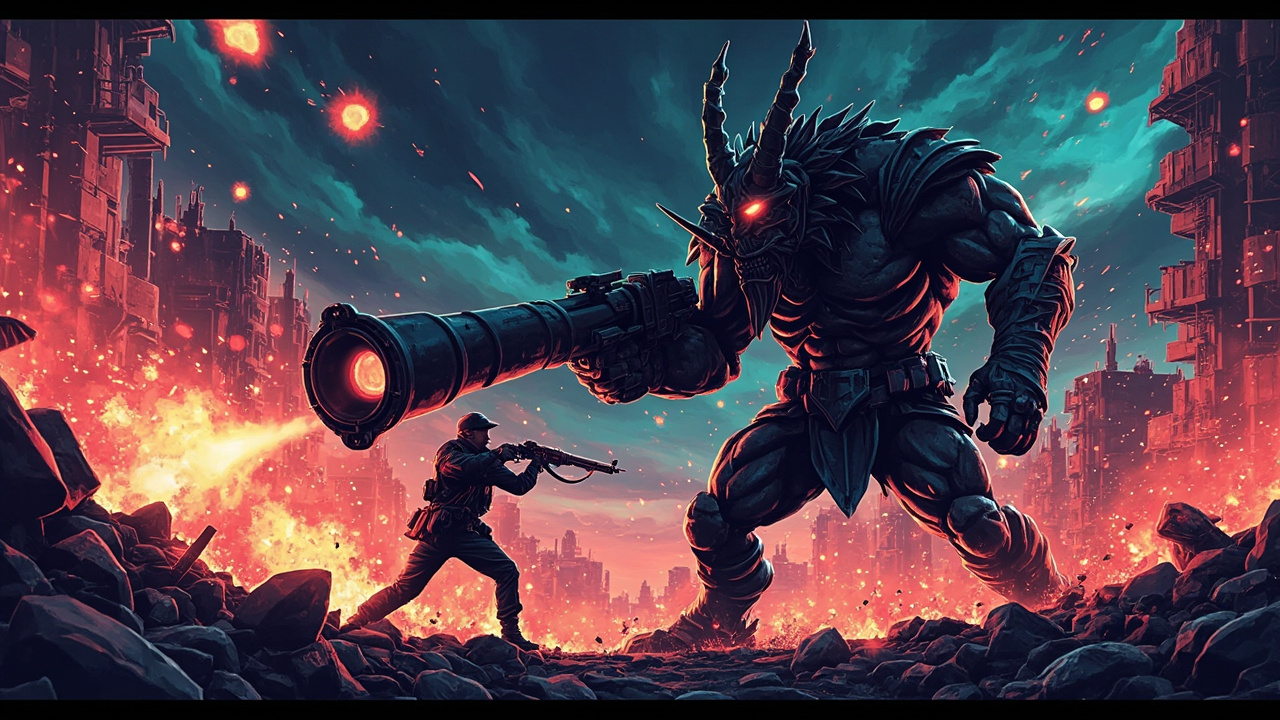 Illustration: A painted artwork depicting a fiery battle scene where a large, muscular horned creature wielding a massive cannon faces off against a soldier firing a shotgun amid ruined buildings.