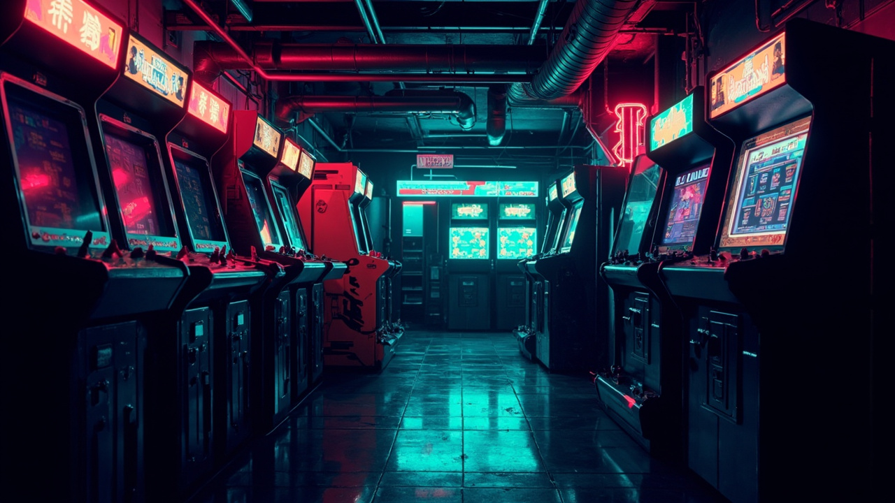 Illustration of a neon-lit retro arcade interior