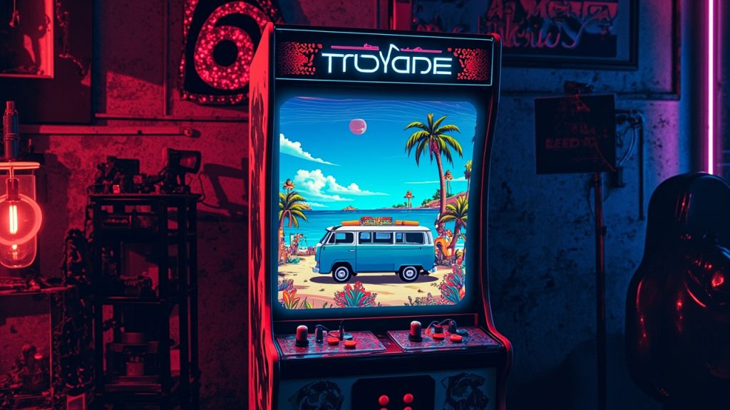 Illustration: A brightly lit arcade cabinet screen displays a cartoon beach scene featuring a blue van surrounded by animated characters and palm trees.
