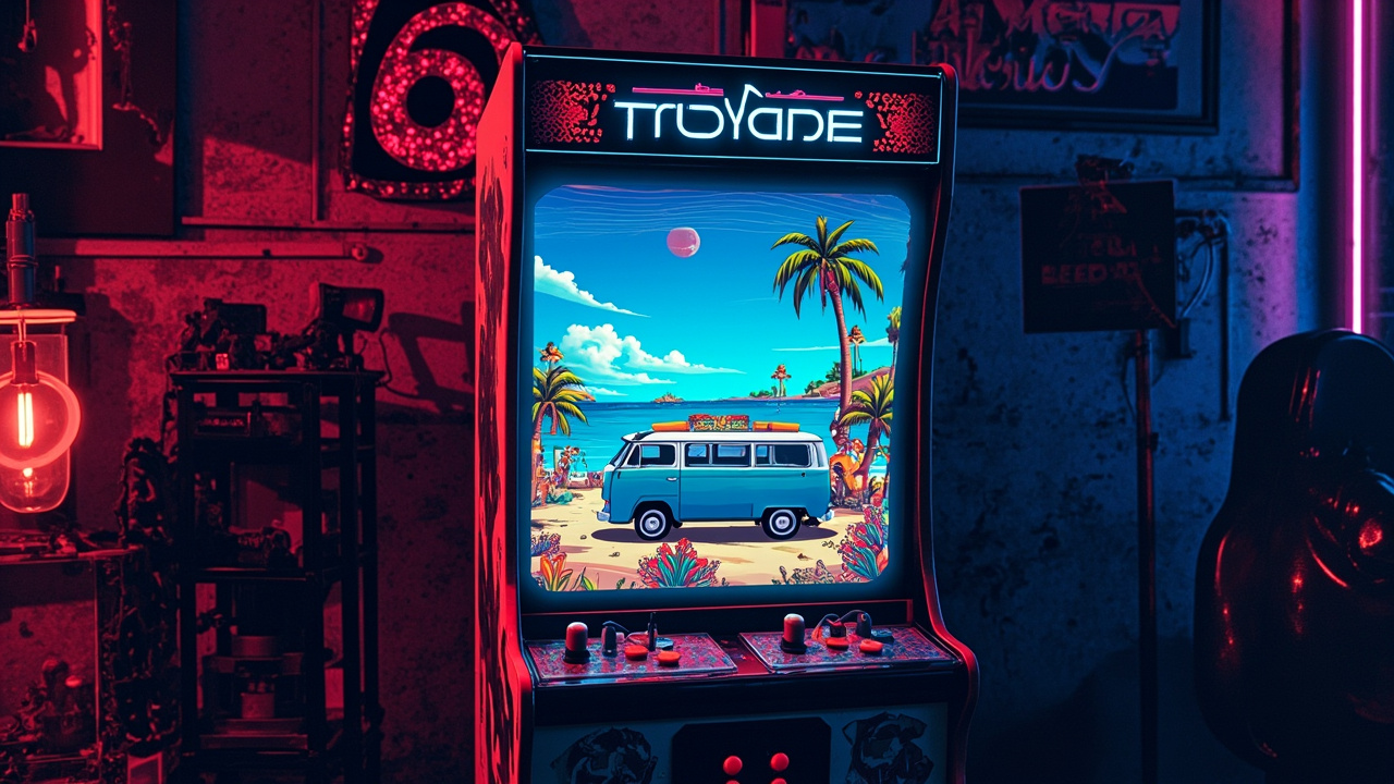 Illustration: A brightly lit arcade cabinet screen displays a cartoon beach scene featuring a blue van surrounded by animated characters and palm trees.