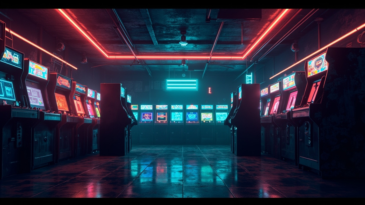 Illustration of a neon-lit retro arcade interior