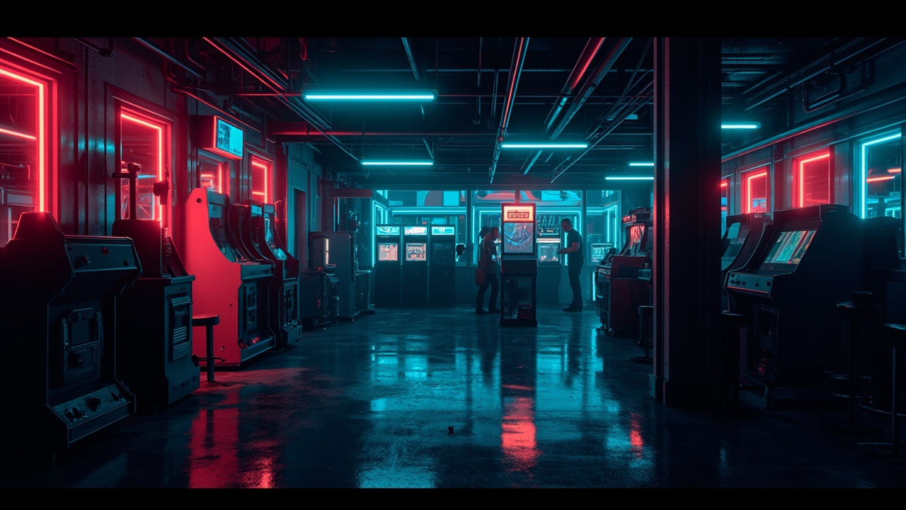Illustration of a neon-lit retro arcade interior