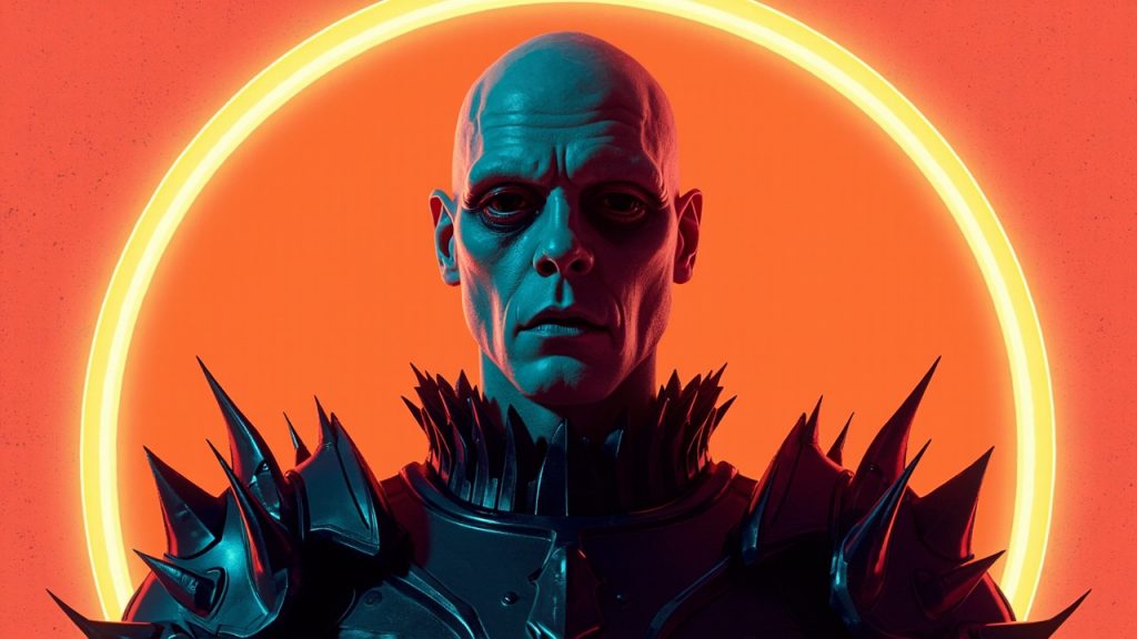 Illustration: A pale, bald humanoid figure with dark, sunken eyes wearing spiked, scale-collared armor stands before a glowing circular halo of light against a vivid orange background.