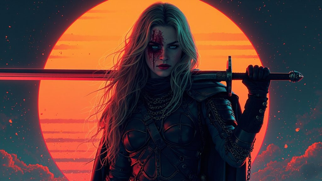 Illustration: A figure with long blonde hair, blood-streaked face, and ornate armor and chainmail wields a sword over their shoulder against a glowing orange backdrop featuring a large circular halo.