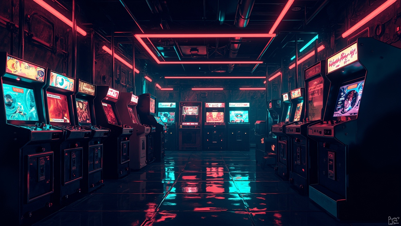 Illustration of a neon-lit retro arcade interior