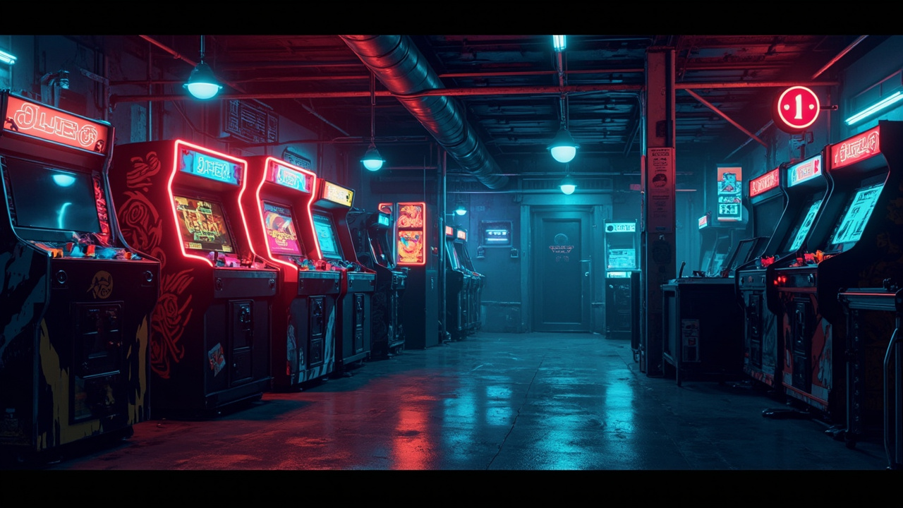 Illustration of a neon-lit retro arcade interior