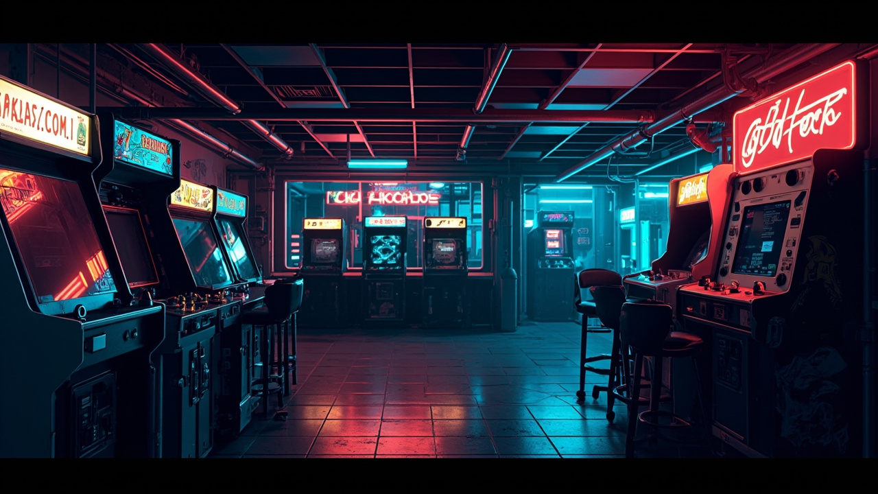 Illustration of a neon-lit retro arcade interior