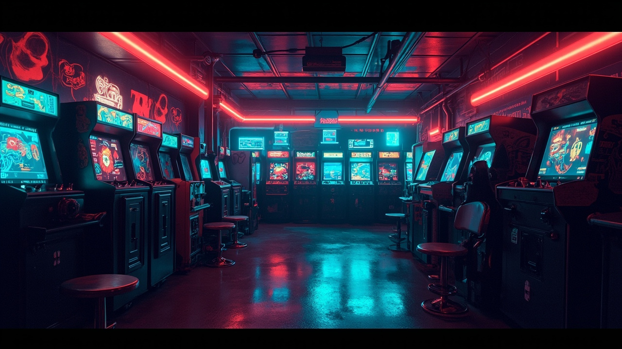 Illustration of a neon-lit retro arcade interior