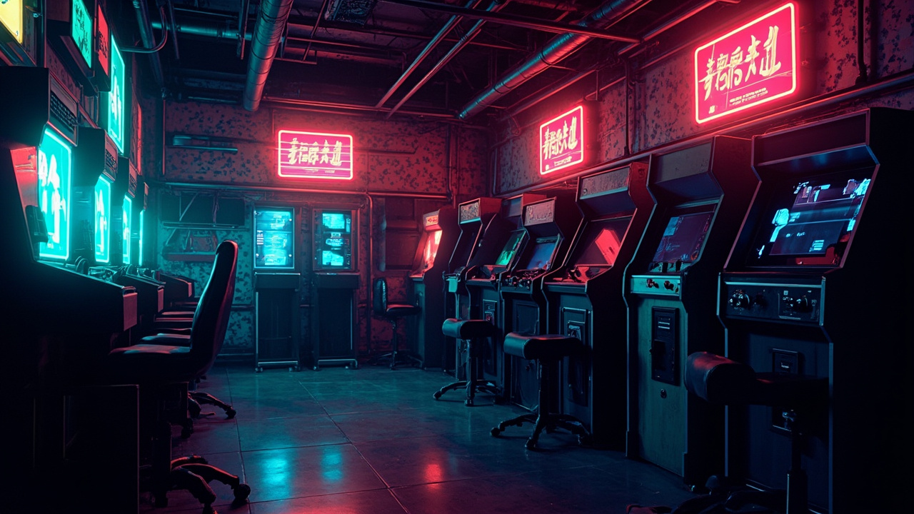 Illustration of a neon-lit retro arcade interior