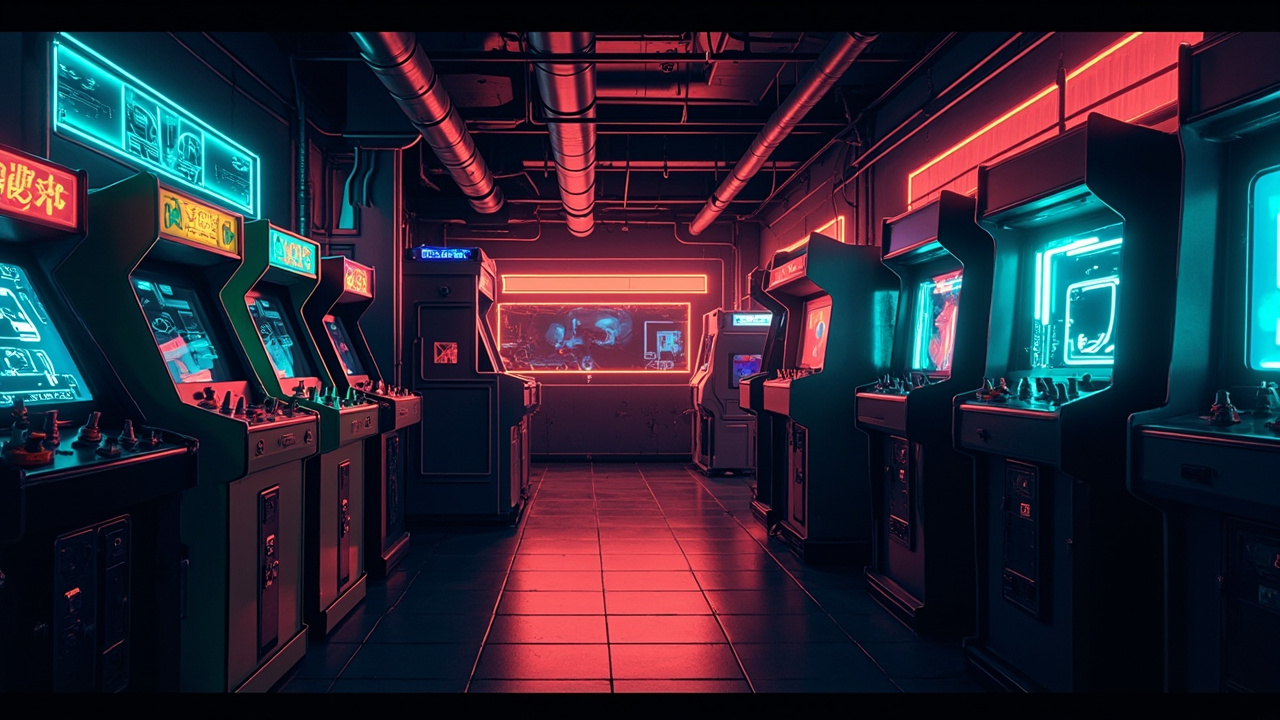 Illustration of a neon-lit retro arcade interior