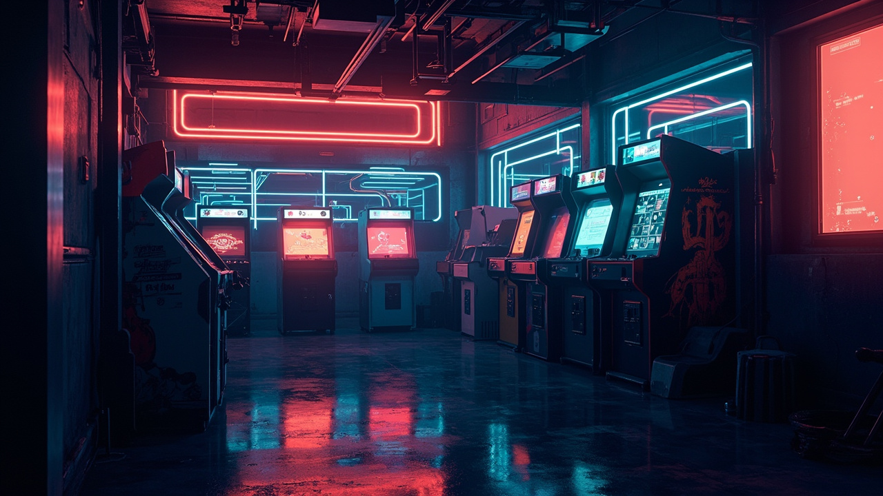 Illustration of a neon-lit retro arcade interior