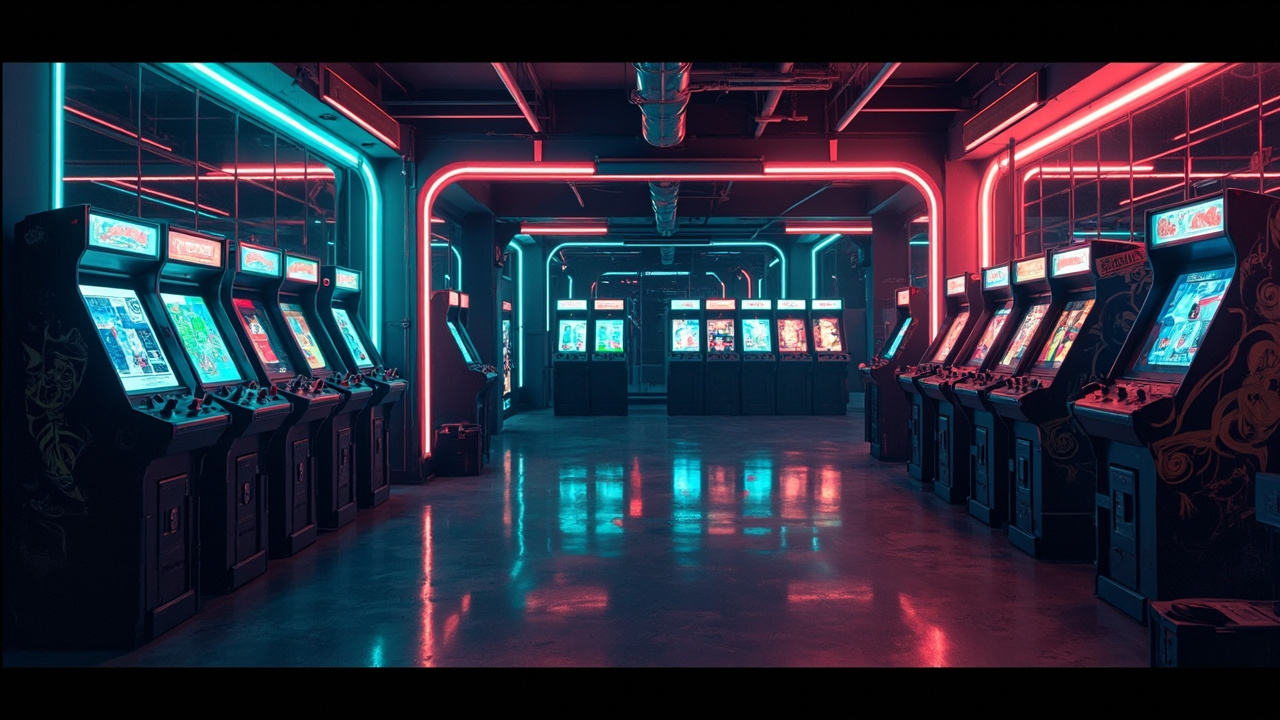 Illustration of a neon-lit retro arcade interior