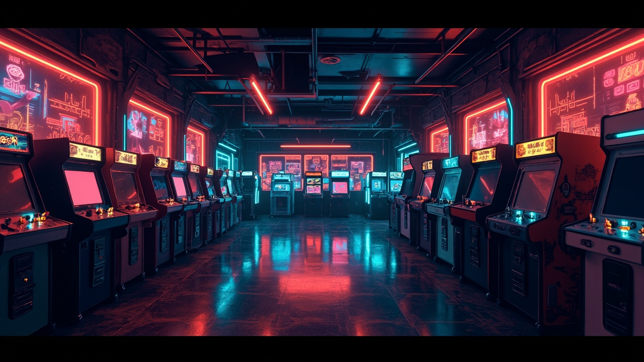 Illustration of a neon-lit retro arcade interior