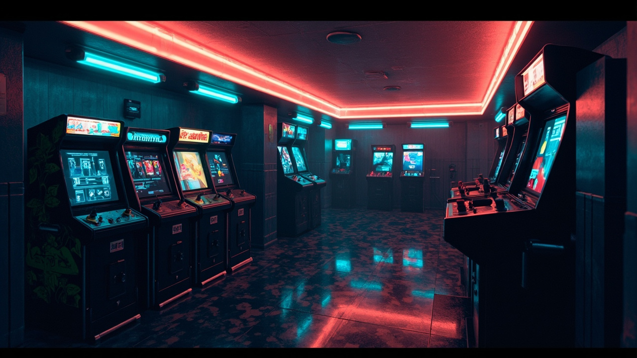 Illustration of a neon-lit retro arcade interior