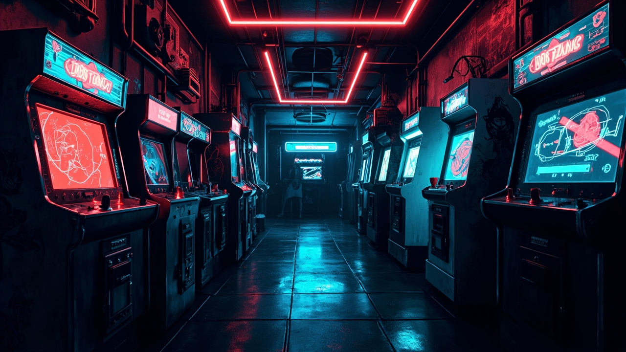 Illustration of a neon-lit retro arcade interior