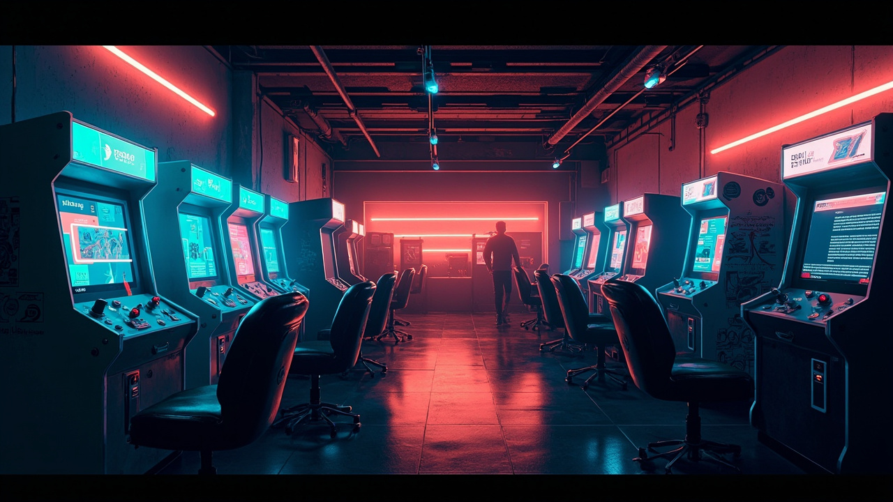 Illustration of a neon-lit retro arcade interior