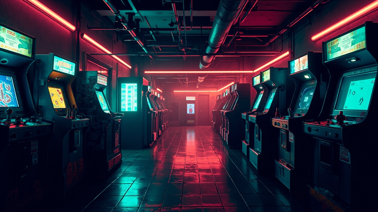 Illustration of a neon-lit retro arcade interior