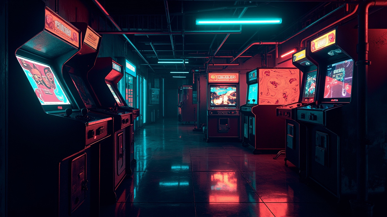 Illustration of a neon-lit retro arcade interior